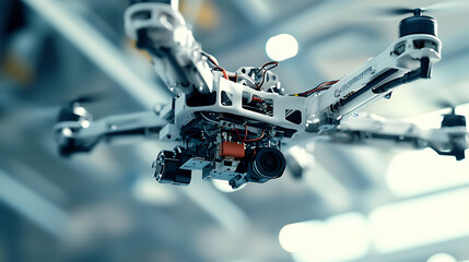 Fototapeta premium A robotic arm in an AI managed factory, assembling components for autonomous underwater vehicles used in marine research, Marine-tech style