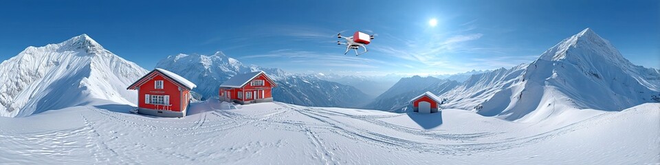 Aerial Panorama of Swiss Alps: Drone Delivering Package over Snowy Mountain Chalet. Innovative Logistics Concept in Picturesque Winter Landscape. High-Quality AI-Generated Design for Commercial Backgr