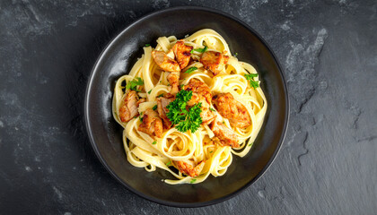 assiette de pâtes tagliatelles au poulet et fines herbes, fond texture ardoise
