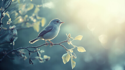 Fototapeta premium Small songbird perched on a delicate branch with fresh green leaves in soft sunlight du early morning in a peaceful natural setting