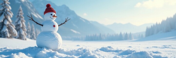 Obraz premium Snowman standing alone in a vast, empty snowy field with skis and snowboard nearby, snowman, frosty atmosphere