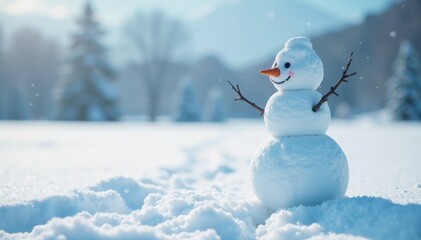 Snowman standing alone in vast white snowfield, snowy, snowman