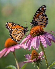 Fototapeta premium Vivid Scene of Two Monarch Butterflies Feeding on Purple Coneflowers in a Bright Garden