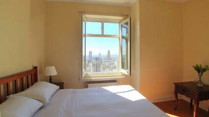 Fototapeta premium cozy bedroom with wooden bed and white linens is bathed in sunlight from large window offering stunning city view. small table with lamp and flowers adds charm
