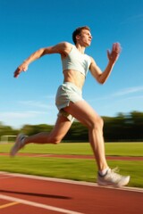 Obraz premium there is a man running on a track with a blue sky in the background