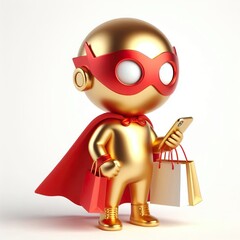 Cute character 3D image of a gold boy superhero wearing a red mask and red cloak, holding shopping bags on a white background