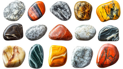 Colorful collection of polished stones on display