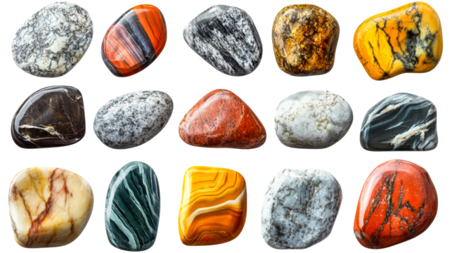 Colorful collection of polished stones on display