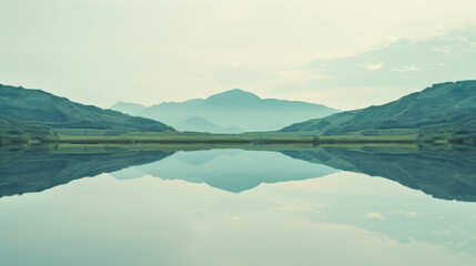 Tranquil scenic landscape with calm reflective lake surrounded by rolling green hills and majestic distant mountains under a partly cloudy sky
