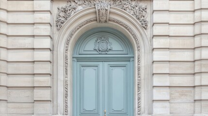 Parisian building, arched doorway, pale blue door, stone facade, elegant entrance