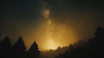 Fototapeta premium Silhouetted Trees and Foggy Forest Under a Starry Night Sky with Milky Way