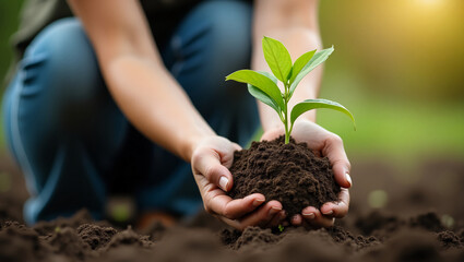 Unrecognizable woman holding a green seedling growing in soil. Anonymous female organic farmer protecting a young plant in her garden. Sustainable female farmer planting a sapling on her farm.
