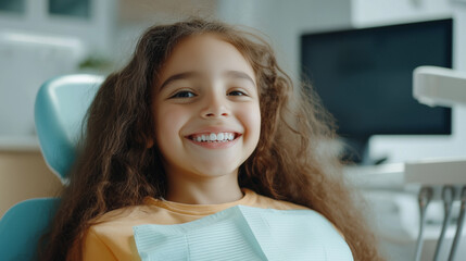 Close-up shot of a young girl with a wide smile in the dental chair while the dentist examines her teeth. The pediatric clinic has a relaxed, comfortable atmosphere with colorful,