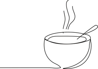 continuous line drawing of a steaming bowl with a spoon food concept in oneline art on a white background 
