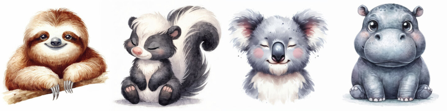 Colecci&oacute;n de animales de acuarela. Mofeta, Koala, Hipopotamo y perezoso