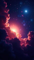 Swirling clouds of gas and dust in a distant nebula against starry night sky, space, stars