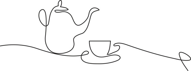 a cup of coffee and a teapot  on white background.  single line of hand drawn