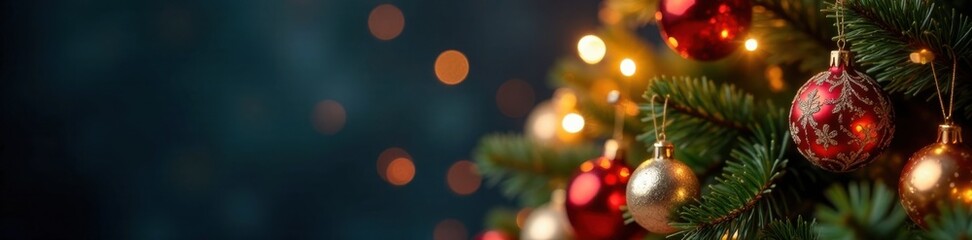 Fototapeta premium Sparkling Christmas tree with shiny ornaments , Sparkle, Blurred lights