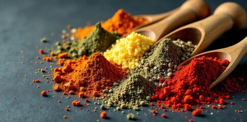 Colorful spices scattered on a dark background , spices, aroma, spice rack