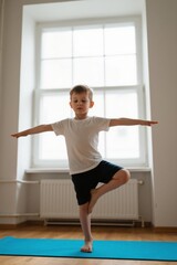 Fototapeta premium arafed boy doing yoga in a room with a window