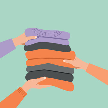 Hands Exchanging Folded Warm Clothes Flat Vector Illustration for Donation or Sharing Concept 