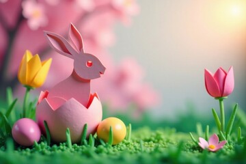 Fototapeta premium Paper cut rabbit emerging from an Easter egg in a garden setting, spring, paper cut, egg