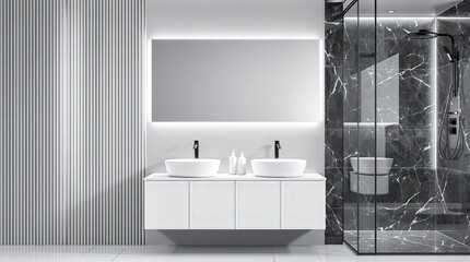 Fototapeta premium modern minimalist bathroom with sleek white vanities and dark marble shower