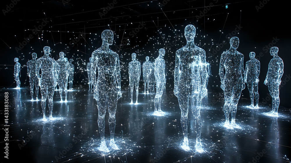Poster glowing blue holographic figures standing in formation on dark reflective surface with particle effe