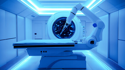 A robotic arm in an AI managed high tech factory, assembling advanced medical diagnostic machines for hospitals, Med-tech style