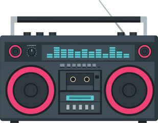 Retro boombox with cassette player and colorful equalizer graphic vector illustration 