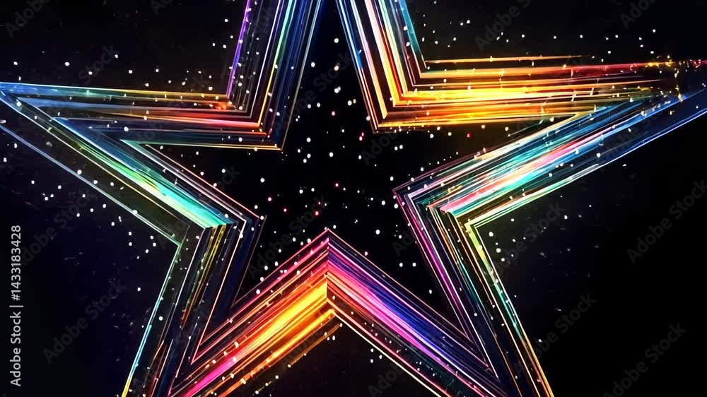 Poster exploring vibrant star shapes illuminated by colorful light trails in a mesmerizing nighttime displa