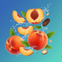 a vibrant scene with whole and sliced peaches surrounded by water splashes.