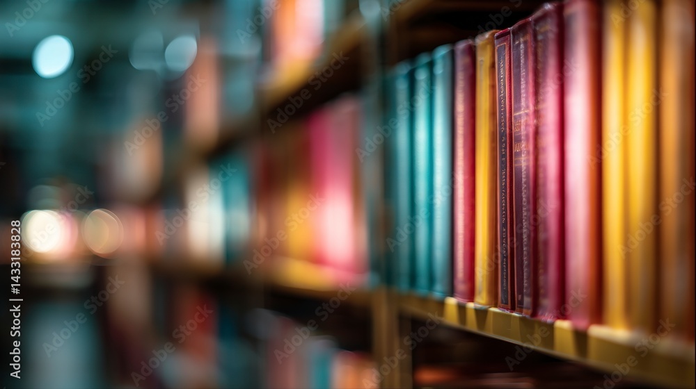 Poster bookshelf full of colorful books in a library with bokeh lights