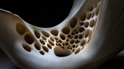 Fototapeta premium Close-up of an abstract, organic-shaped structure with numerous circular and oval holes, featuring dramatic lighting and a dark background.