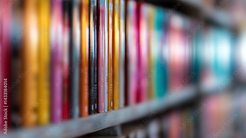 Poster close up of books on bookshelf with colorful spine and shallow depth