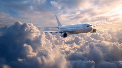 Fototapeta premium Airplane Flying Above Clouds at Sunset Travel Adventure and Transportation