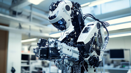 Fototapeta premium A robotic arm in an AI managed lab, assembling components for autonomous robots used in autonomous public transportation systems, Transport-tech style