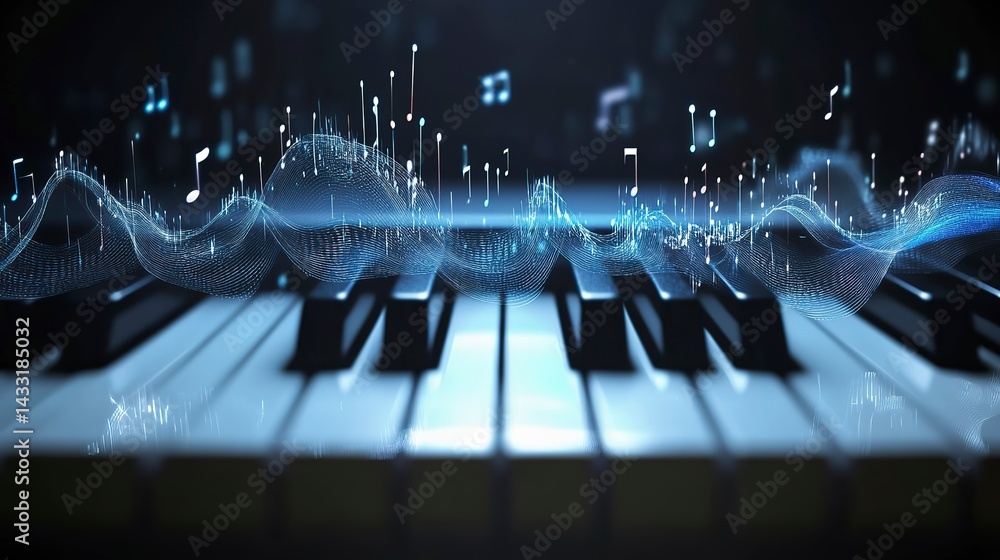 Aufkleber sound waves and musical notes emerge from a piano keyboard in a captivating visual representation