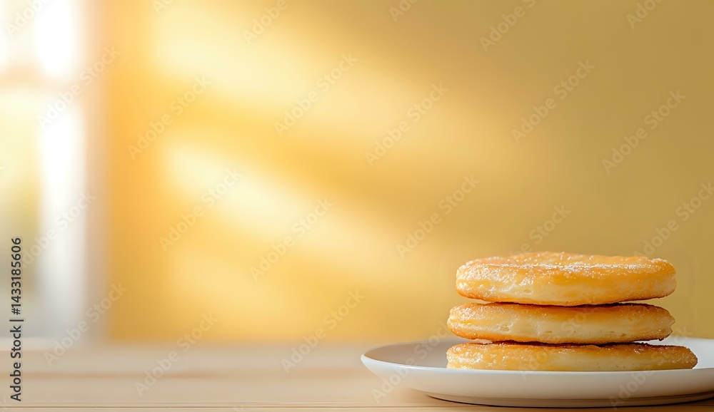 Poster stack of fluffy golden pancakes on white plate against warm sunlit background with soft bokeh effect