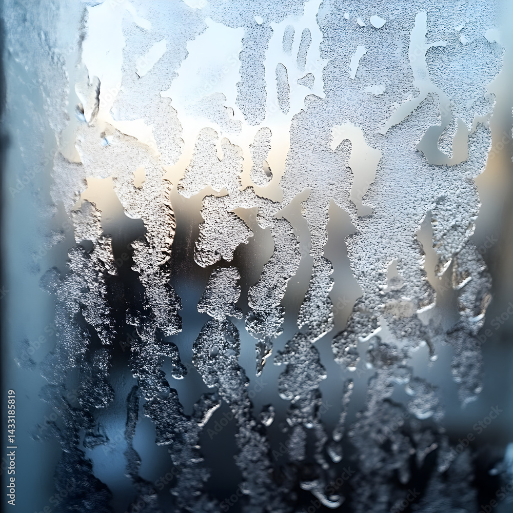 Poster frozen windowpane: a close-up shot of a window pane frosted with intricate patterns, as a soft, blue
