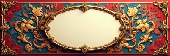 Vintage oval frame with etched patterns on damask, elegant shapes , etched designs, baroque details