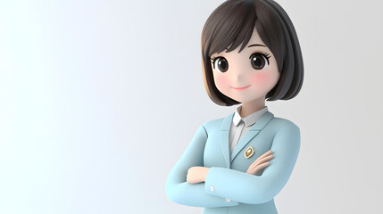 A cartoon girl is wearing a blue jacket and standing with her arms crossed. Generated using AI.