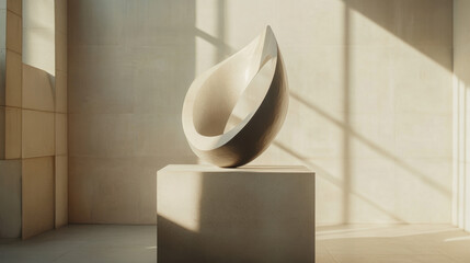 Abstract modern sculpture of a large smooth egg-shaped stone art piece on a pedestal with sunlight and shadows, minimalist interior design scene