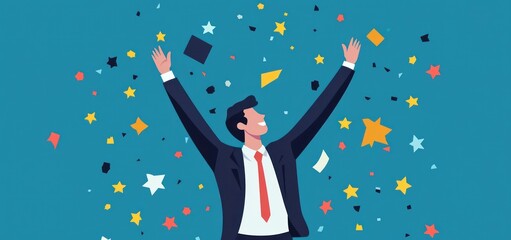 Celebratory confetti shower on happy businessman