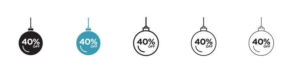 Christmas ball with 40 off discount icon in flat style. Basic vector symbol illustration