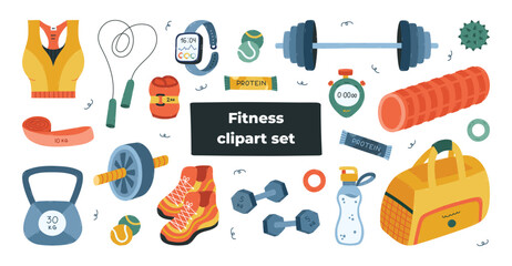Big lovely cartoon workout and gym set with equipment for fitness, weightlifting, workout. Cute hand drawn sport collection with sport bra, kettlebell, skipping rope, pilates band isolated on white.