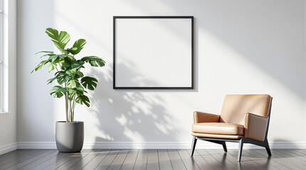 tan leather armchair and large potted plant in a minimalist room with a blank frame