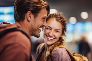 Fototapeta premium Portrait of happy young couple looking at each other and smiling while standing in airport