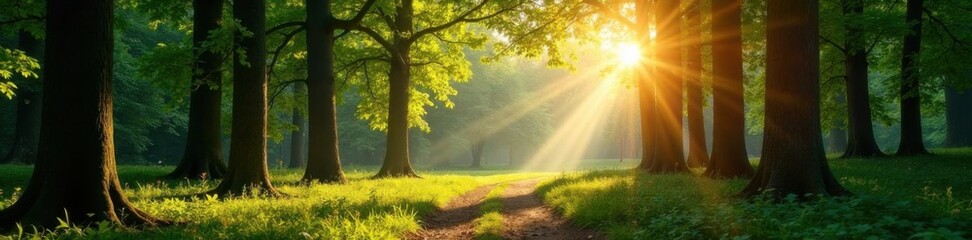 Fototapeta premium Panorama of a wald with sunlight filtering through trees, sunbeams, wales