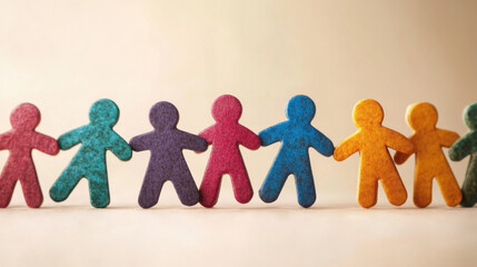 Colorful Felt Figures Holding Hands in a Line Symbolizing Unity Friendship Diversity and Cooperation on a Neutral Background